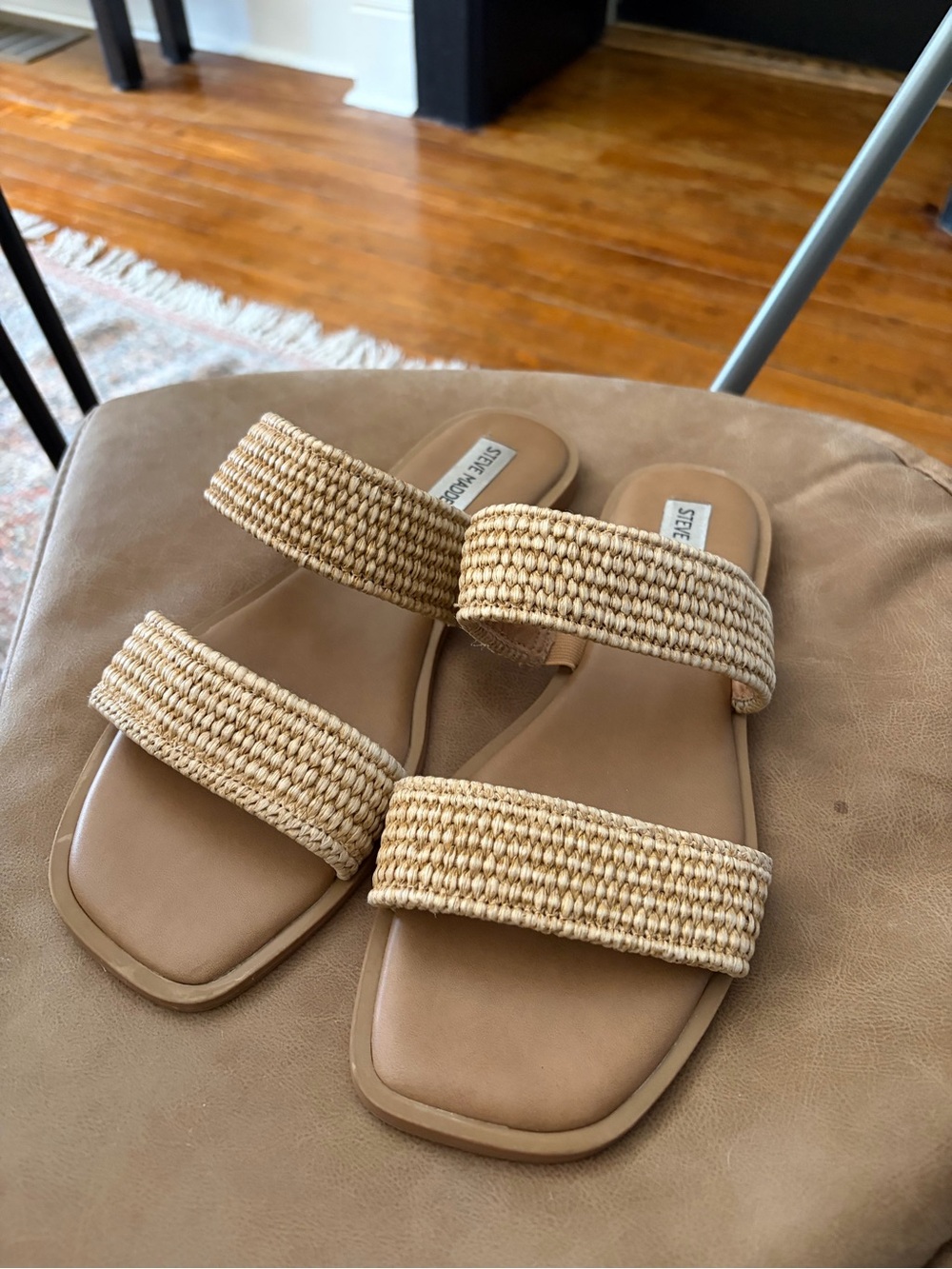 Steve Madden Beige Woven Double-Strap Slide Sandals